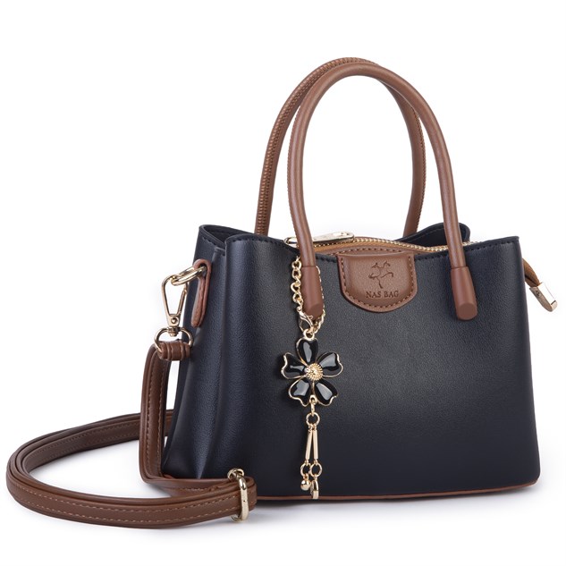 Nas Bag Mini Çiçek Charmlı Kadın  Şık El ve Çapraz Çanta (en 25 cm ;boy 22 cm ) Siyah Taba