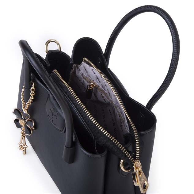 Nas Bag Mini Çiçek Charmlı Kadın  Şık El ve Çapraz Çanta (en 25 cm ;boy 22 cm ) Siyah