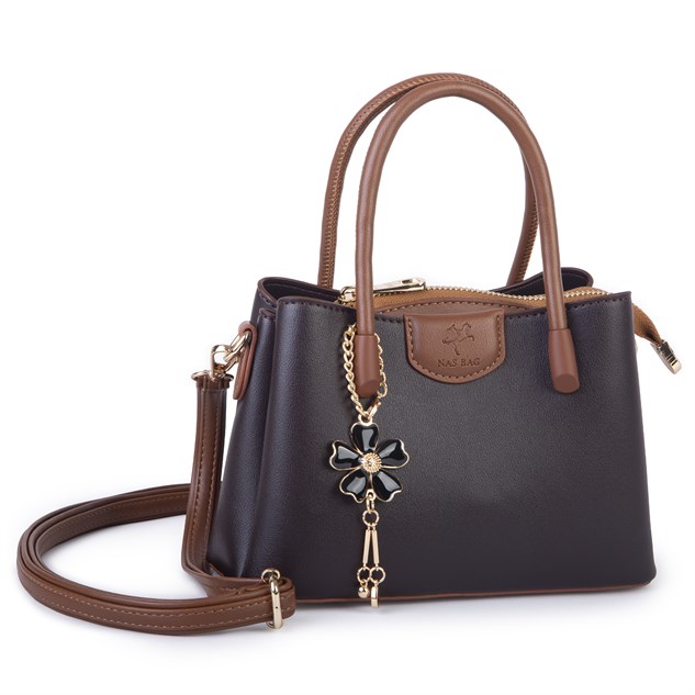 Nas Bag Mini Çiçek Charmlı Kadın  Şık El ve Çapraz Çanta (en 25 cm ;boy 22 cm ) Kahverengi Taba