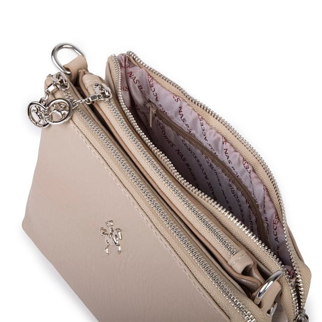 Nas Bag Mini Kadın 3 Gözlü Cüzdanlı Günlük  Çapraz Çanta Kum Victoria