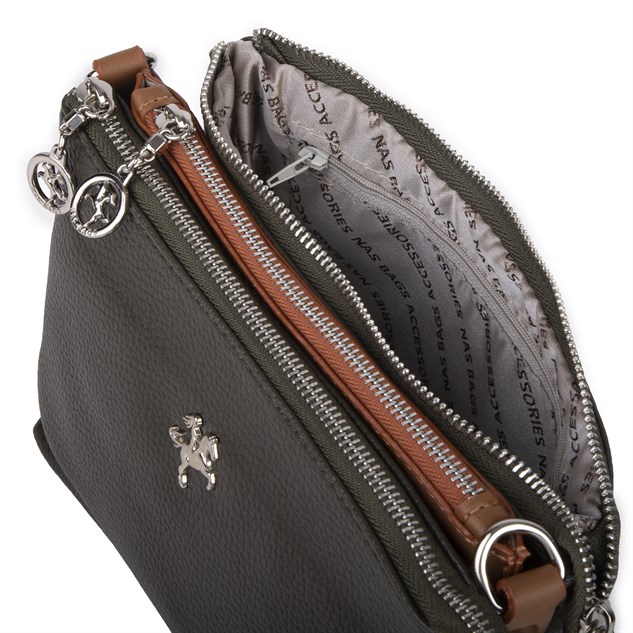 Nas Bag Mini Kadın 3 Gözlü Cüzdanlı Günlük  Çapraz Çanta Haki Taba Lopez