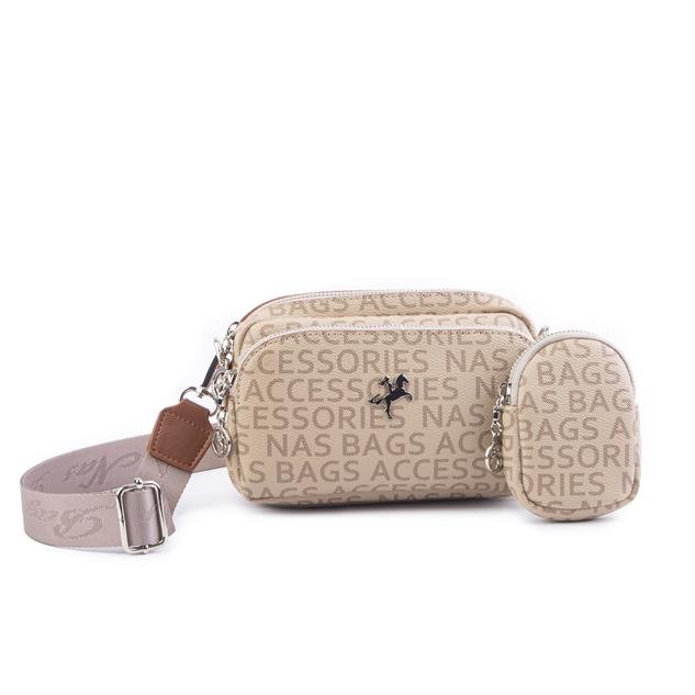 Nas Bag Mini Kadın Çapraz Mini Cüzdanlı At Amblemli Vizon  Taba Yazılı  (eni :20 cm ; boy 14 cm)