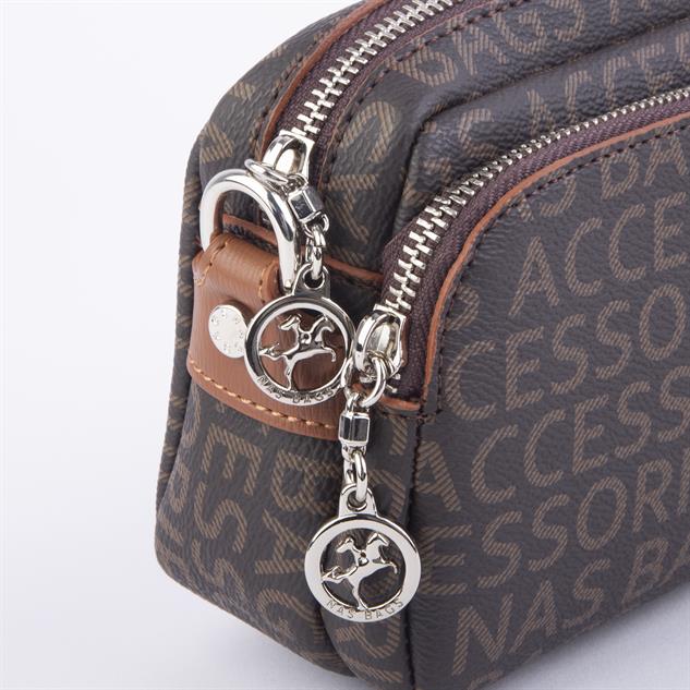 Nas Bag Mini Kadın Çapraz Mini Cüzdanlı At Amblemli Kahve Taba Yazılı  (eni :20 cm ; boy 14 cm)