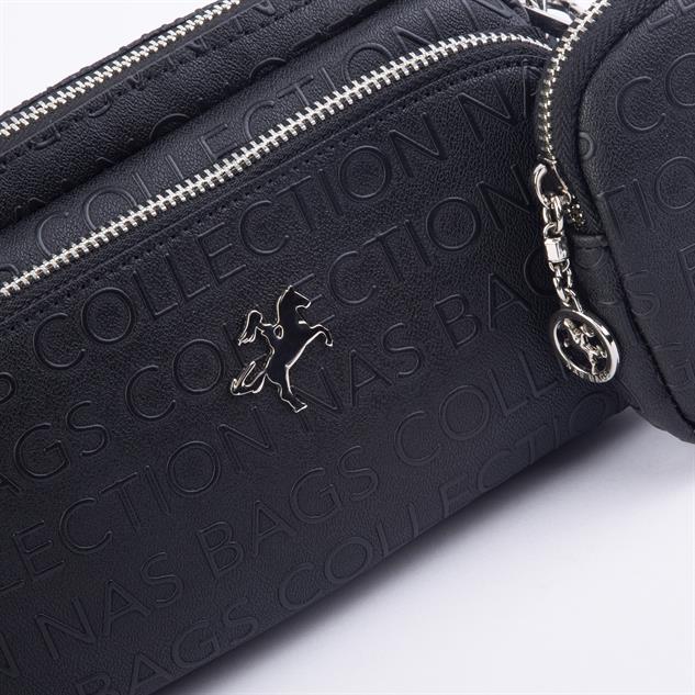 Nas Bag Mini Kadın Çapraz Mini Cüzdanlı At Amblemli Siyah Gofraj (eni :20 cm ; boy 14 cm)