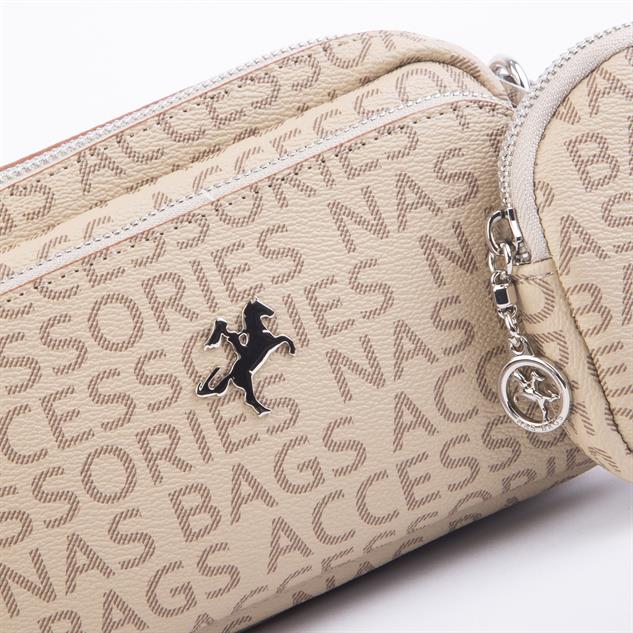 Nas Bag Mini Kadın Çapraz Mini Cüzdanlı At Amblemli Vizon  Taba Yazılı  (eni :20 cm ; boy 14 cm)