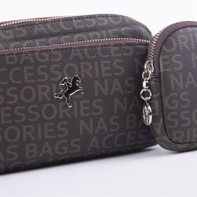 Nas Bag Mini Kadın Çapraz Mini Cüzdanlı At Amblemli Kahve Taba Yazılı  (eni :20 cm ; boy 14 cm)