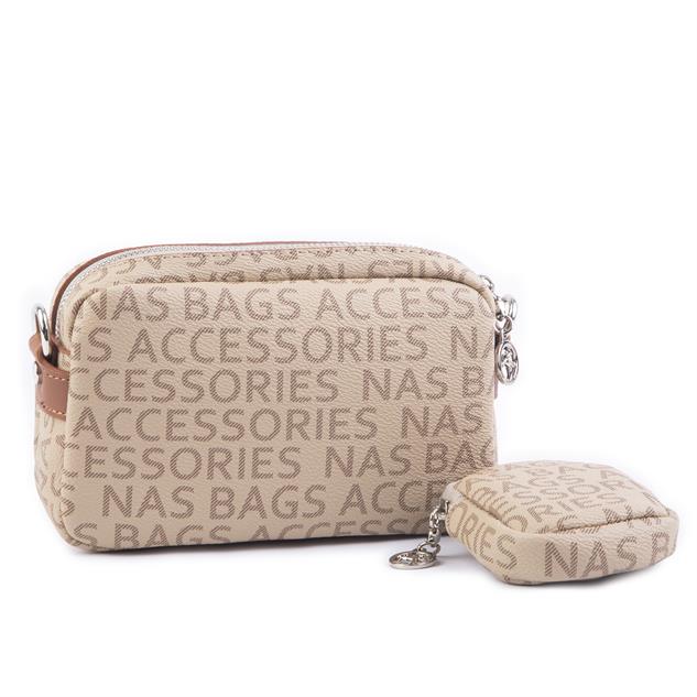 Nas Bag Mini Kadın Çapraz Mini Cüzdanlı At Amblemli Vizon  Taba Yazılı  (eni :20 cm ; boy 14 cm)