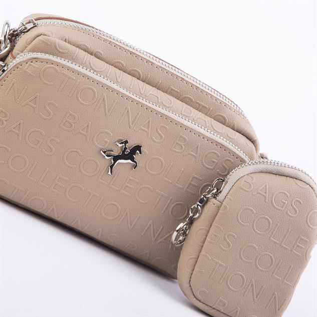 Nas Bag Mini Kadın Çapraz Mini Cüzdanlı At Amblemli Vizon  Taba Gofraj  (eni :20 cm ; boy 14 cm)