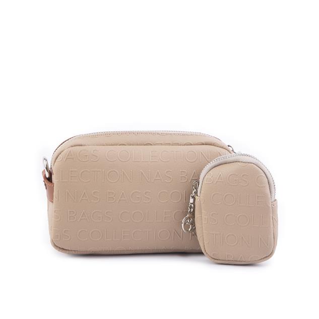 Nas Bag Mini Kadın Çapraz Mini Cüzdanlı At Amblemli Vizon  Taba Gofraj  (eni :20 cm ; boy 14 cm)