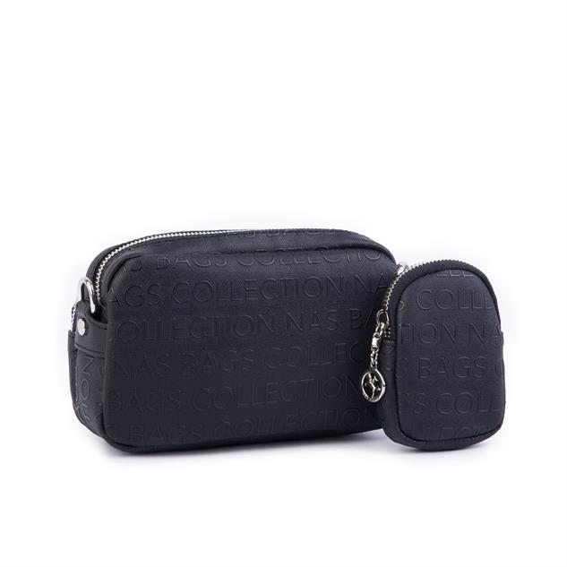 Nas Bag Mini Kadın Çapraz Mini Cüzdanlı At Amblemli Siyah Gofraj (eni :20 cm ; boy 14 cm)