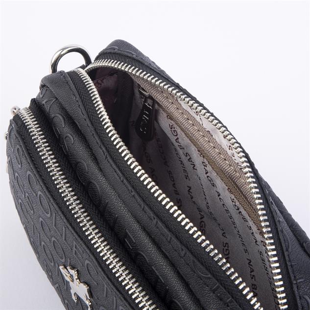 Nas Bag Mini Kadın Çapraz Mini Cüzdanlı At Amblemli Siyah Gofraj (eni :20 cm ; boy 14 cm)