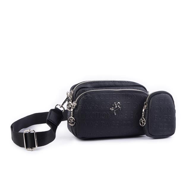 Nas Bag Mini Kadın Çapraz Mini Cüzdanlı At Amblemli Siyah Gofraj (eni :20 cm ; boy 14 cm)
