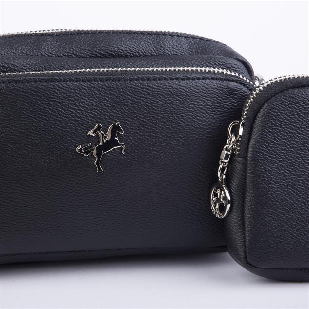 Nas Bag Mini Kadın Çapraz Mini Cüzdanlı At Amblemli Siyah Mercan(eni :20 cm ; boy 14 cm)