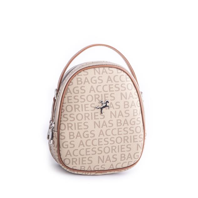 Nas Bag Mini  Kadın Sırt ,El  ve Omuz Çantası Dönüştürülebilir Tasarım Vizon Taba Yazılı   (en:17cm ;boy :22cm) 