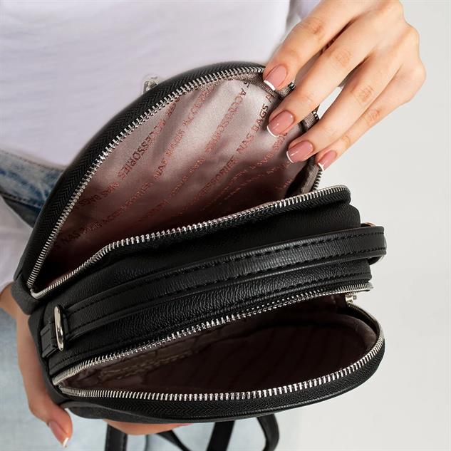 Nas Bag Mini  Kadın Sırt ,El  ve Omuz Çantası Dönüştürülebilir Tasarım Siyah Mercan  (en:17cm ;boy :22cm) 