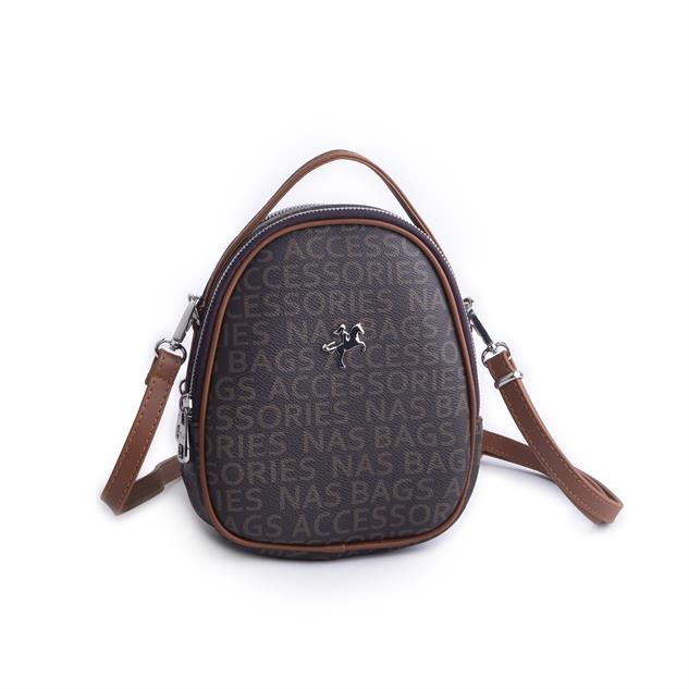 Nas Bag Mini  Kadın Sırt ,El  ve Omuz Çantası Dönüştürülebilir Tasarım Kahve Taba Yazılı   (en:17cm ;boy :22cm) 