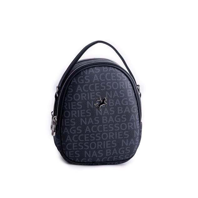 Nas Bag Mini  Kadın Sırt ,El  ve Omuz Çantası Dönüştürülebilir Tasarım Siyah Yazılı  (en:17cm ;boy :22cm) 