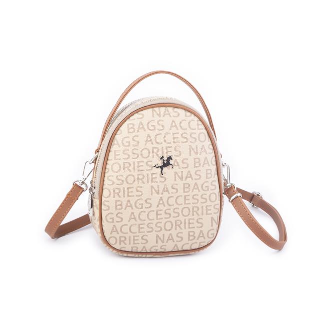 Nas Bag Mini  Kadın Sırt ,El  ve Omuz Çantası Dönüştürülebilir Tasarım Vizon Taba Yazılı   (en:17cm ;boy :22cm) 