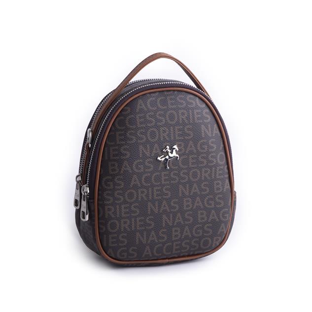 Nas Bag Mini  Kadın Sırt ,El  ve Omuz Çantası Dönüştürülebilir Tasarım Kahve Taba Yazılı   (en:17cm ;boy :22cm) 