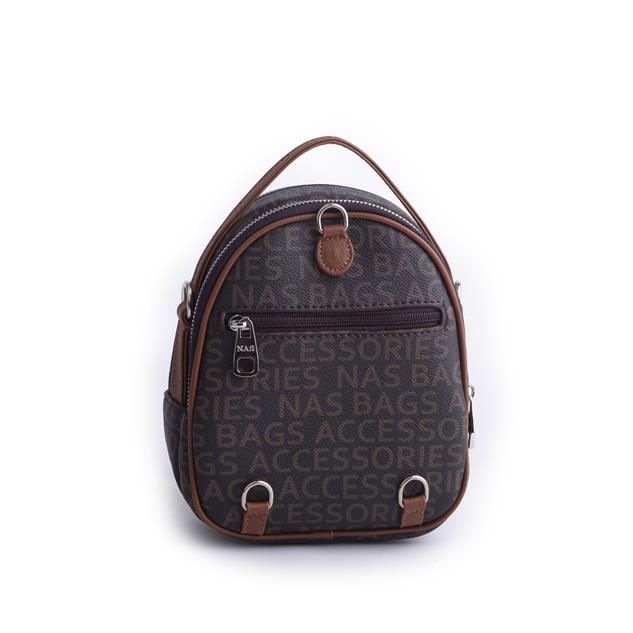 Nas Bag Mini  Kadın Sırt ,El  ve Omuz Çantası Dönüştürülebilir Tasarım Kahve Taba Yazılı   (en:17cm ;boy :22cm) 