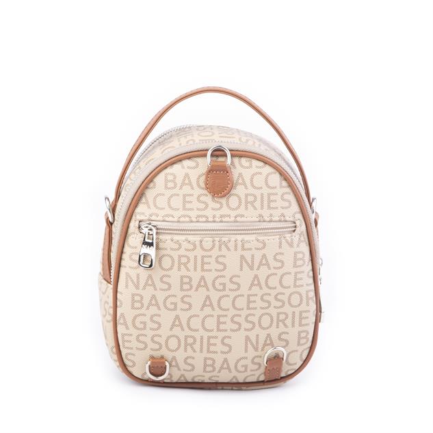 Nas Bag Mini  Kadın Sırt ,El  ve Omuz Çantası Dönüştürülebilir Tasarım Vizon Taba Yazılı   (en:17cm ;boy :22cm) 