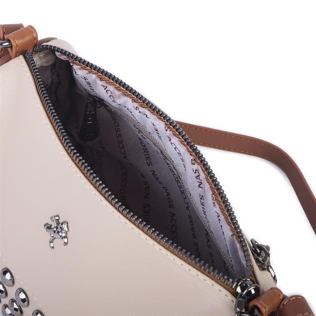 Nas Bag Mini Kadın Taşlı Zımbalı Omuz ve Çapraz Baget Çanta Kum Taba Dona