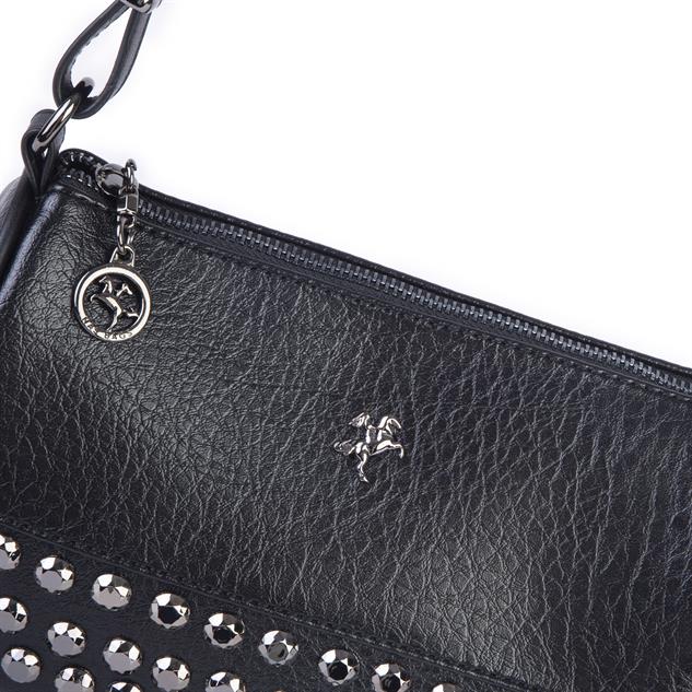 Nas Bag Mini Kadın Taşlı Zımbalı Omuz ve Çapraz Baget Çanta Siyah Victoria