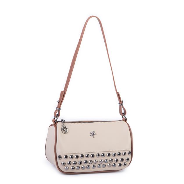 Nas Bag Mini Kadın Taşlı Zımbalı Omuz ve Çapraz Baget Çanta Kum Taba Dona
