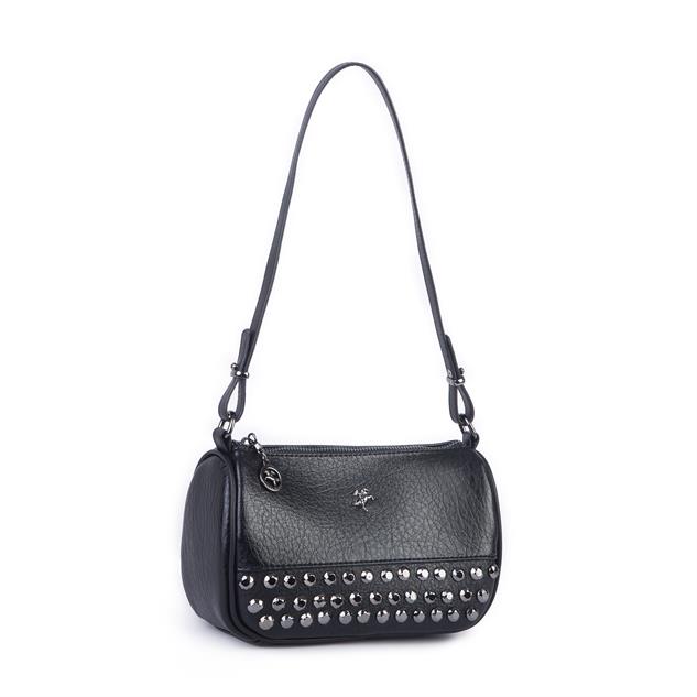 Nas Bag Mini Kadın Taşlı Zımbalı Omuz ve Çapraz Baget Çanta Siyah Victoria