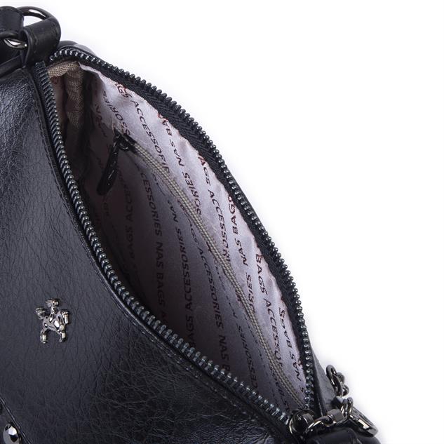 Nas Bag Mini Kadın Taşlı Zımbalı Omuz ve Çapraz Baget Çanta Siyah Victoria