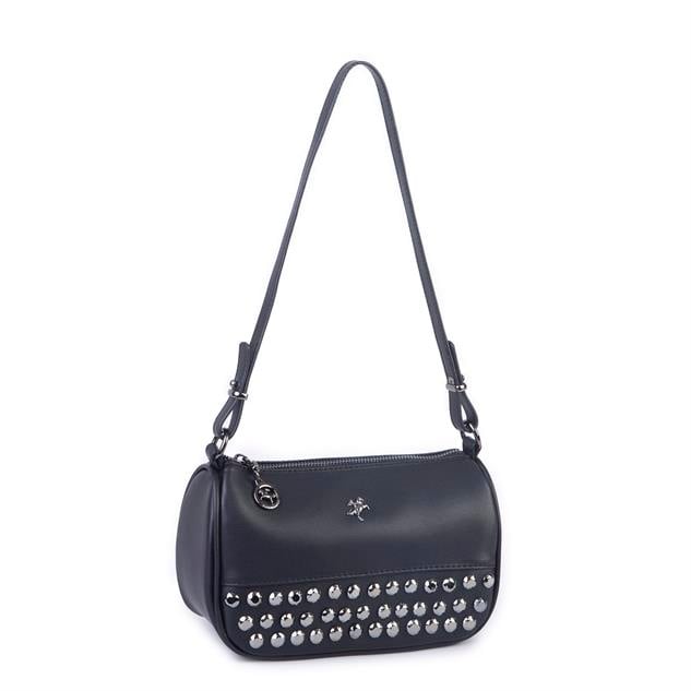Nas Bag Mini Kadın Taşlı Zımbalı Omuz ve Çapraz Baget Çanta Siyah Dona