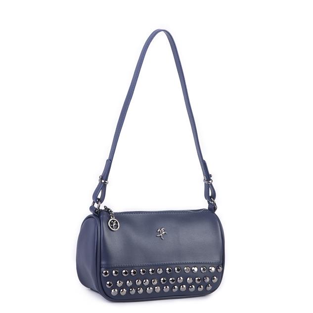 Nas Bag Mini Kadın Taşlı Zımbalı Omuz ve Çapraz Baget Çanta Lacivert Dona