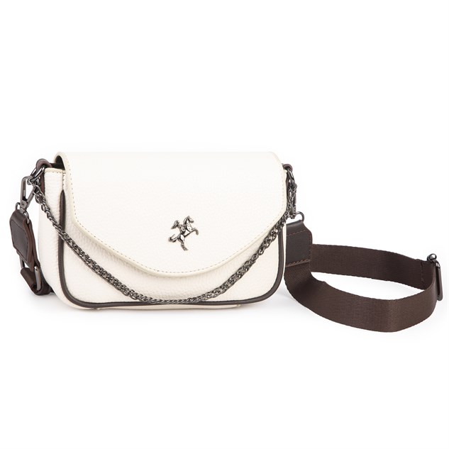 Nas Bag Mini Kapaklı Çapraz Çanta (en 20 cm , boy 12 cm) Krem Kahve Lopez