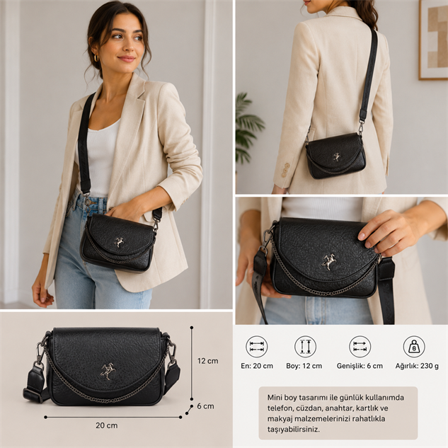 Nas Bag Mini Kapaklı Çapraz Çanta (en 20 cm , boy 12 cm)Siyah Victoria