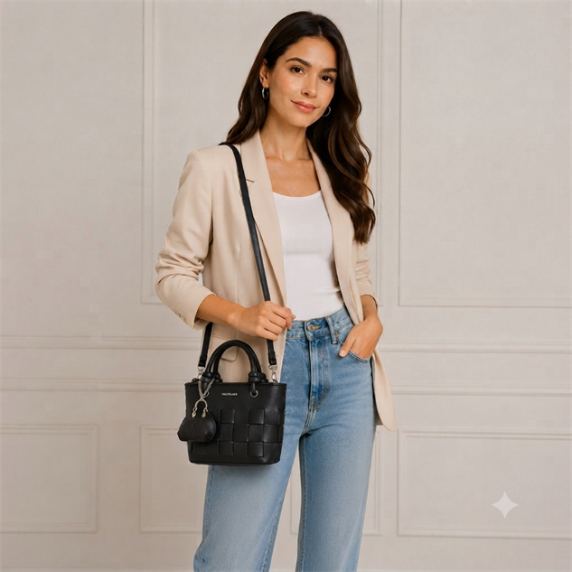 Nas Bag Mini Premium Şık Kadın 2 li Set ve Charmlı ve Cüzdanlı  El ve Çapraz Çanta Siyah