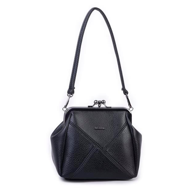 Nas Bag Mini Vintage Burslu Klipsli Kadın Omuz ve Çapraz Çanta Siyah Lopez  ( 20x17 cm)