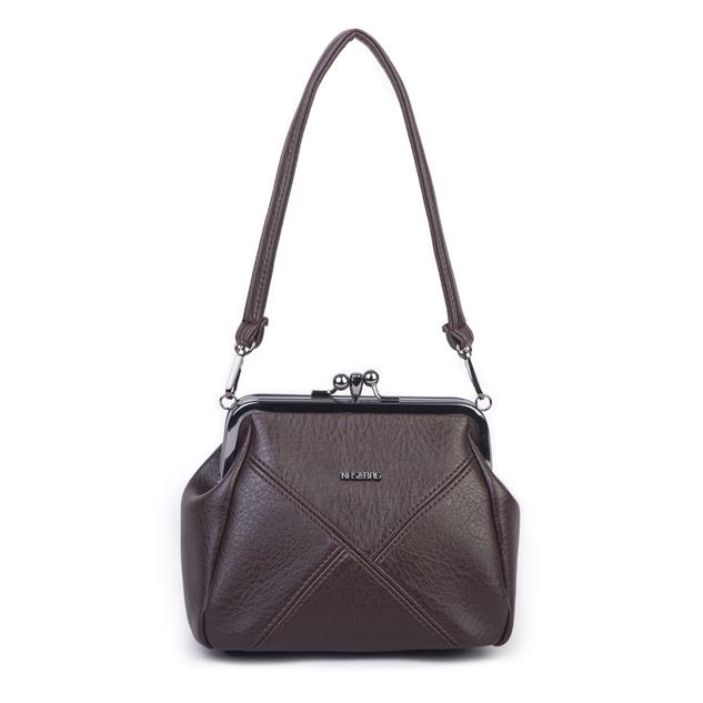 Nas Bag Mini Vintage Burslu Klipsli Kadın Omuz ve Çapraz Çanta Kahve Victoria  ( 20x17 cm)