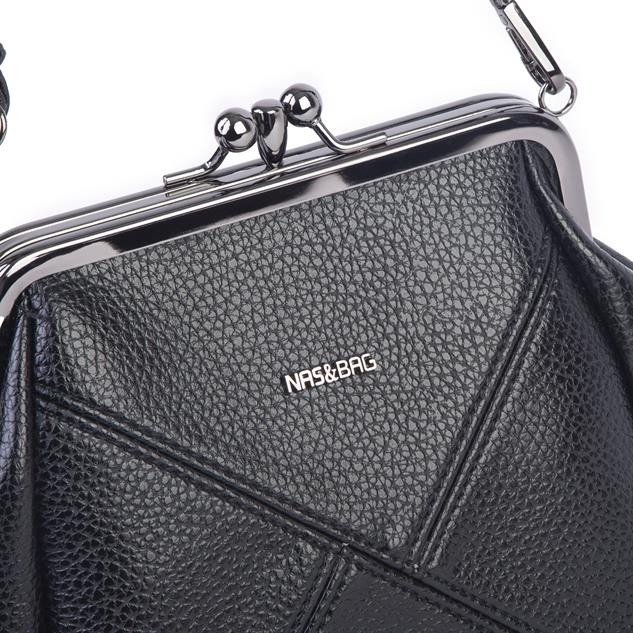 Nas Bag Mini Vintage Burslu Klipsli Kadın Omuz ve Çapraz Çanta Siyah Lopez  ( 20x17 cm)