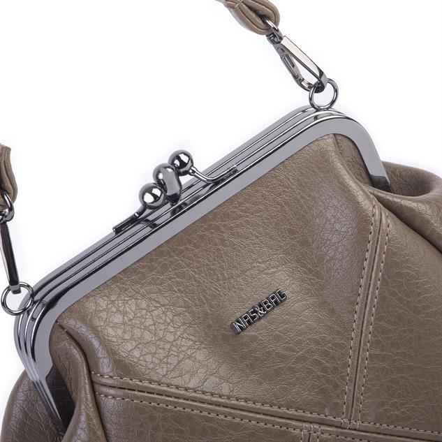 Nas Bag Mini Vintage Burslu Klipsli Kadın Omuz ve Çapraz Çanta Vizon Victoria ( 20x17 cm)