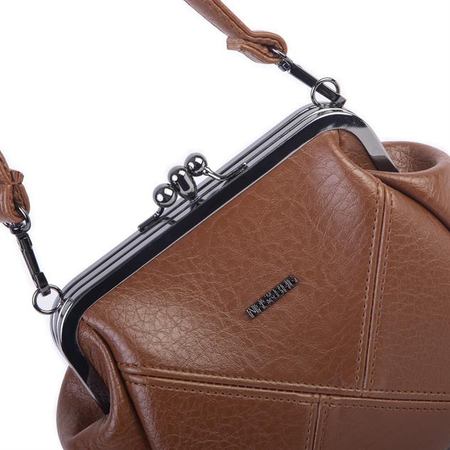Nas Bag Mini Vintage Burslu Klipsli Kadın Omuz ve Çapraz Çanta Taba Victoria ( 20x17 cm)