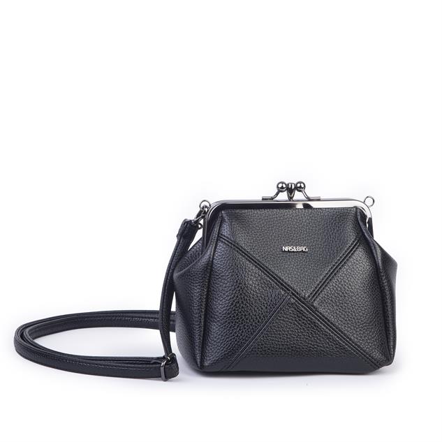 Nas Bag Mini Vintage Burslu Klipsli Kadın Omuz ve Çapraz Çanta Siyah Lopez  ( 20x17 cm)