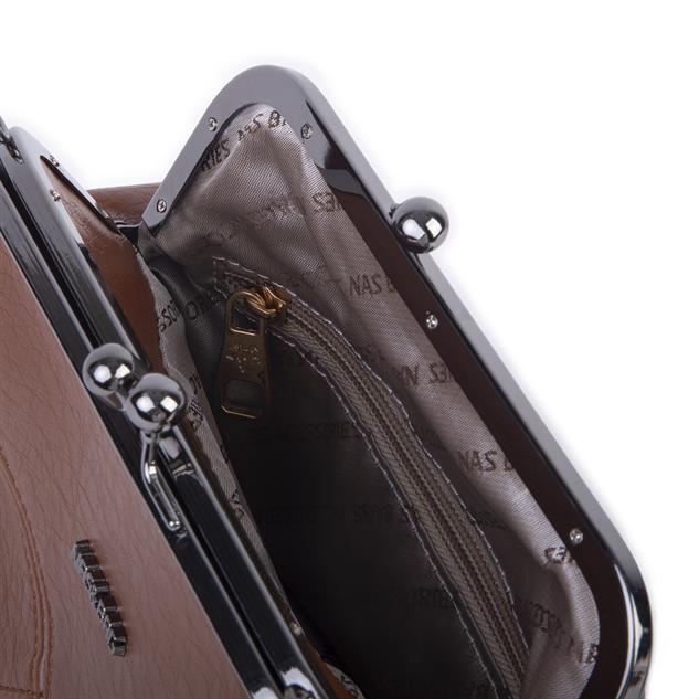 Nas Bag Mini Vintage Burslu Klipsli Kadın Omuz ve Çapraz Çanta Taba Victoria ( 20x17 cm)