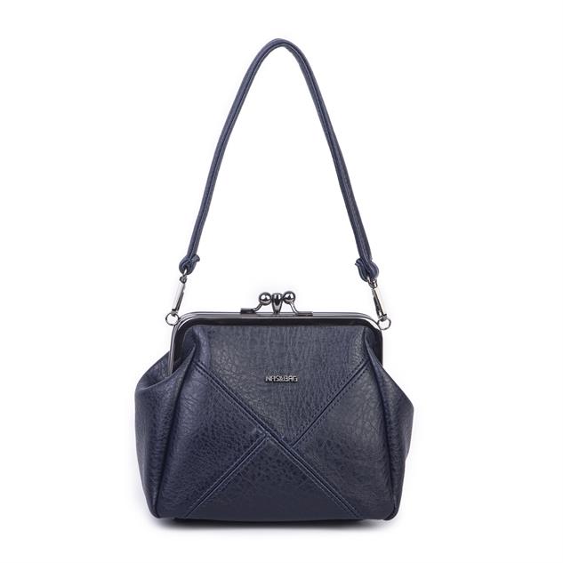 Nas Bag Mini Vintage Burslu Klipsli Kadın Omuz ve Çapraz Çanta Lacivert Victoria  ( 20x17 cm)
