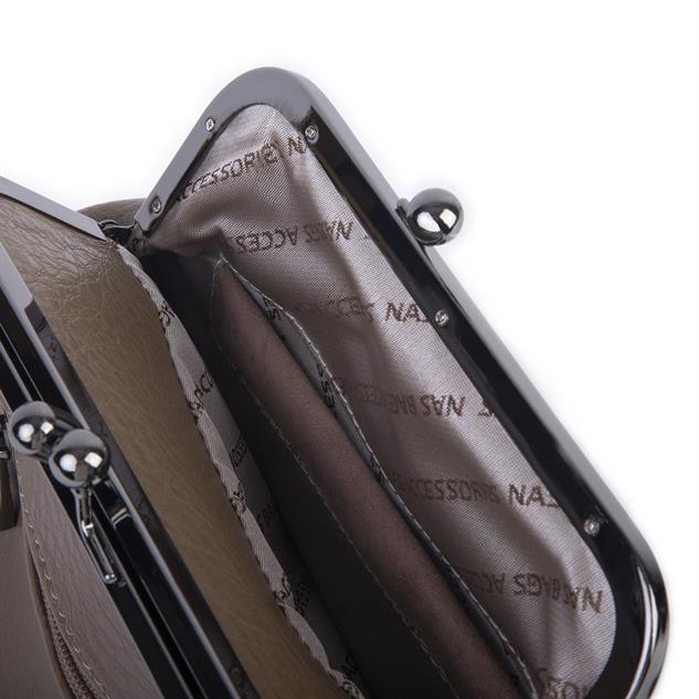Nas Bag Mini Vintage Burslu Klipsli Kadın Omuz ve Çapraz Çanta Vizon Victoria ( 20x17 cm)