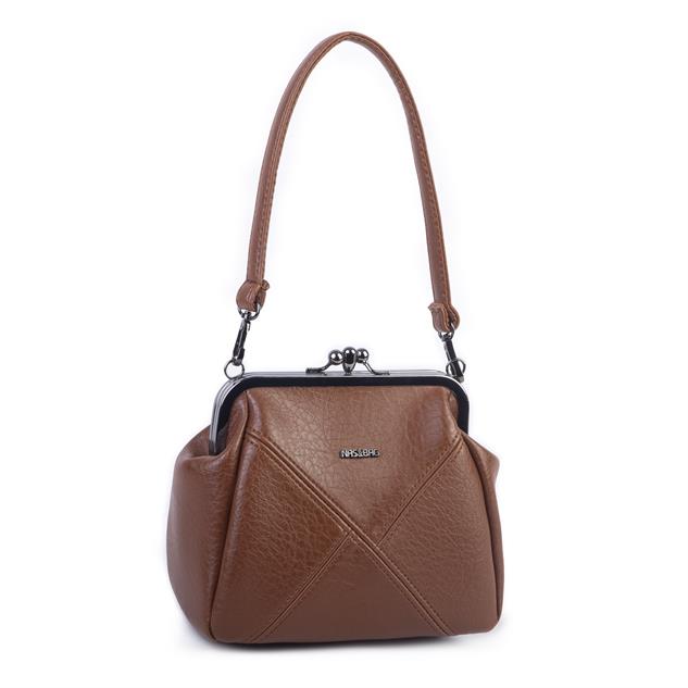 Nas Bag Mini Vintage Burslu Klipsli Kadın Omuz ve Çapraz Çanta Taba Victoria ( 20x17 cm)
