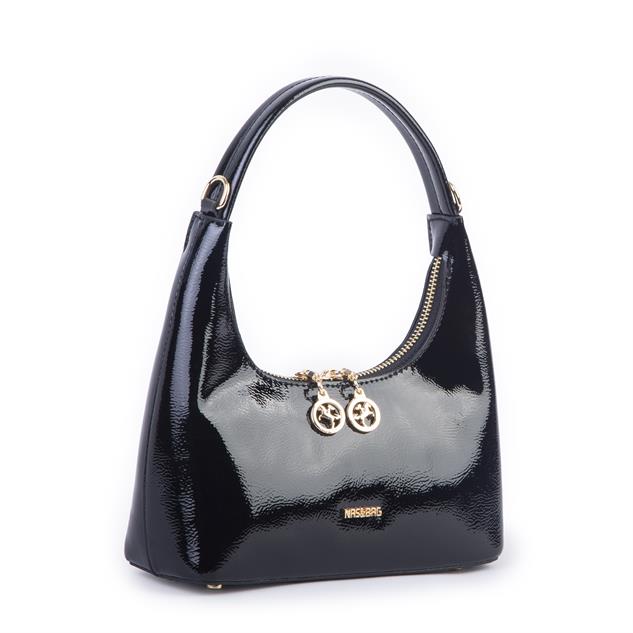 Nas Bag Mini Zincirli Omuz ve Çapraz Çanta Siyah Rugan