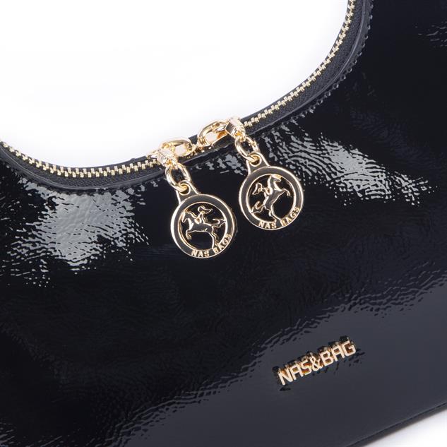 Nas Bag Mini Zincirli Omuz ve Çapraz Çanta Siyah Rugan