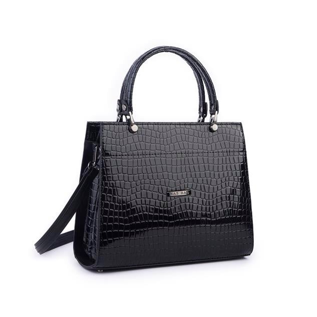 Nas Bag Orjinal Kadın El ve Omuz Çantası Klasik Şık Siyah Kroko (En :30 cm Boy:26cm)