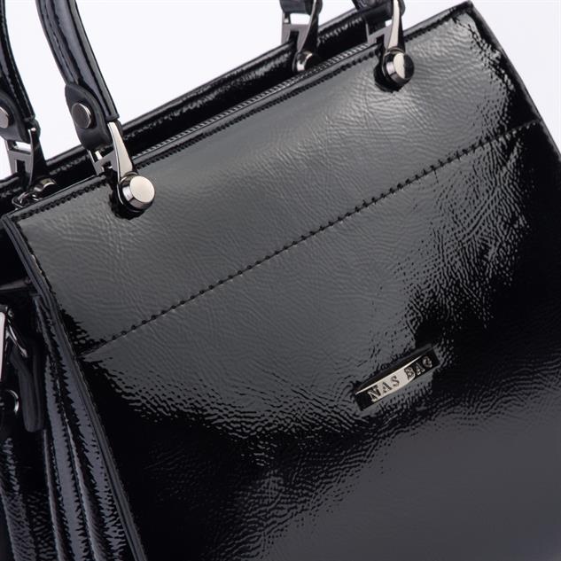 Nas Bag Orjinal Kadın El ve Omuz Çantası Klasik Şık Siyah Krsk Rugan (En :30 cm Boy:26cm)