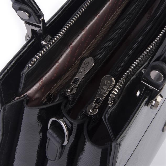 Nas Bag Orjinal Kadın El ve Omuz Çantası Klasik Şık Siyah Krsk Rugan (En :30 cm Boy:26cm)